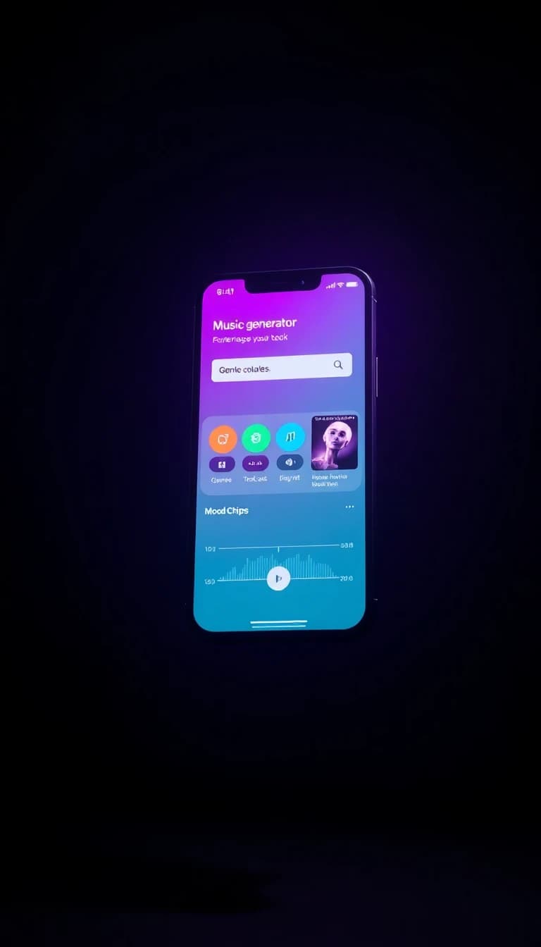 BeatBot AI Music Generator app interface on iPhone — prompt input, genre selector, mood selector, and generated song player