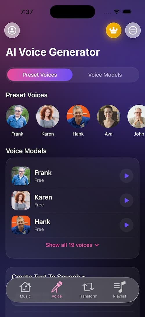 BeatBot AI Voice Generator screen with preset voices and voice model list