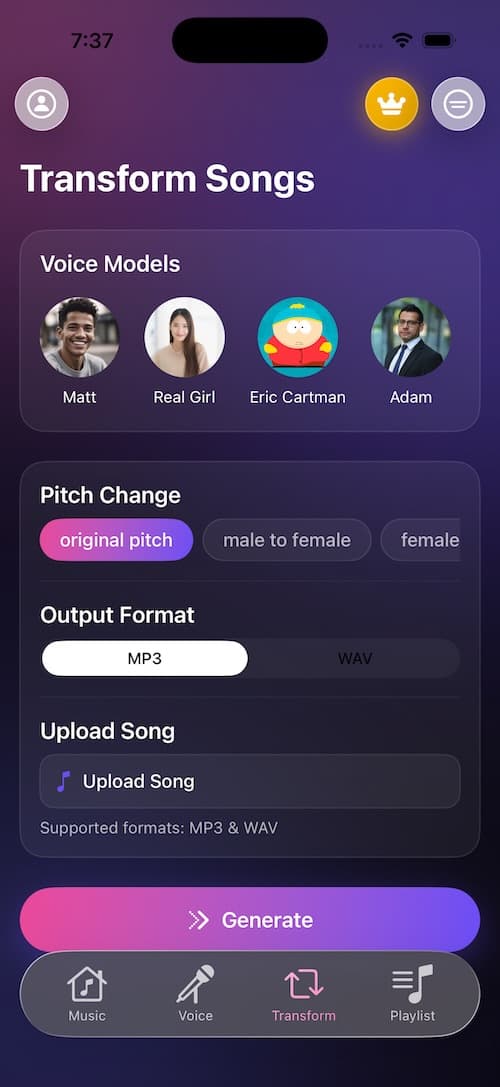 BeatBot Transform Songs screen with voice models, pitch controls, and upload